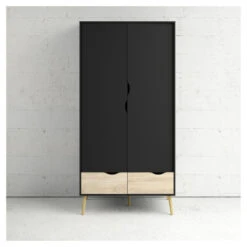 Delta Garderobeskap M, 2 Dører, Matt Sort M, Eik Strukturfolie